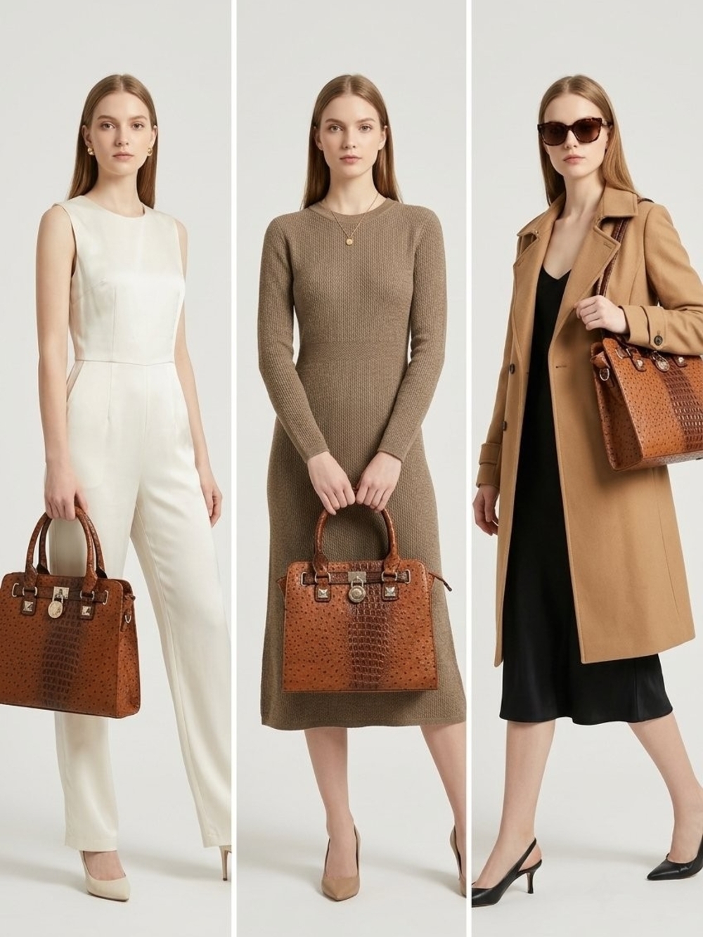 Croc-Embossed Brown Satchel with Top Handles And Shoulder Strap